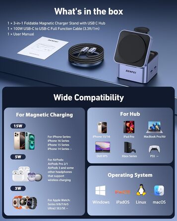 BENFEI 3-в-1 Станція зарядки MagSafe з USB-C хабом – для iPhone 16/15/14/13/12, Apple Watch та AirPods. HDMI (4K@60Hz), 100W PD, 2x USB 3.0 (5Gbps)