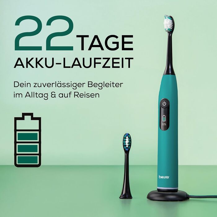 Електрична зубна щітка Beurer SC 50 з 5 режимами чищення та датчиком тиску, 80 000 коливань, дисплей, 2 насадки (Ocean Breeze)