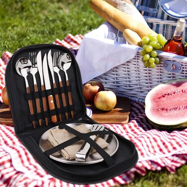 Набір посуду для кемпінгу на 2 особи, 12 предметів, нержавіюча сталь, столові прибори для пікніка, портативні чохли, ручки з імітацією дерева, килимок на стіл