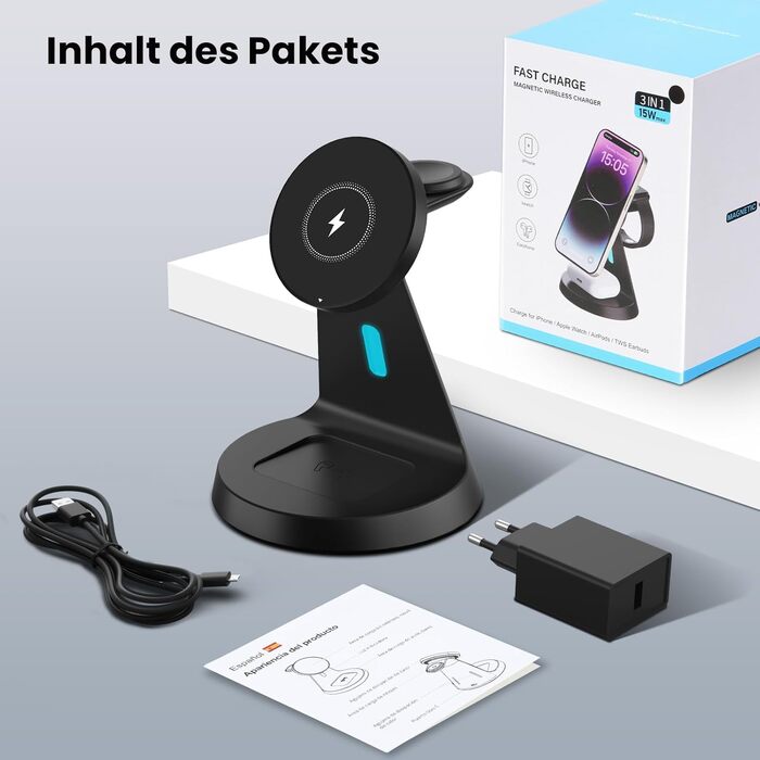 Зарядна станція JoyGeek 3-в-1 для Apple Watch, iPhone (MagSafe) та AirPods. Бездротовий зарядний пристрій для швидкої зарядки iPhone 12-15, iWatch Series 2-Ultra/SE, Airpods 2-4. Чорний.