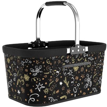 Складаний кошик для покупок на 30L з 4 стійками | Міцний кошик для перенесення та кошик для пікніка | Великий складаний кошик для сім'ї (46x27x25cm) | З м'якими ручками | Для покупок, подорожей, кемпінгу (30L, Чорний з новорічним принтом)
