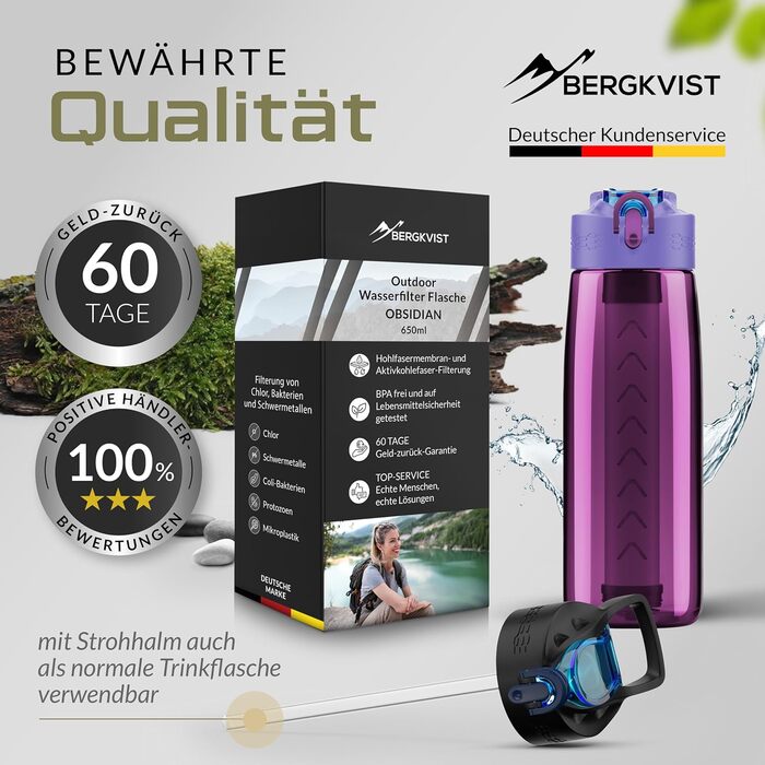 Пляшка-фільтр для води BERGKVIST OBSIDIAN 650 мл з компасом, рожева, для туризму, кемпінгу та виживання