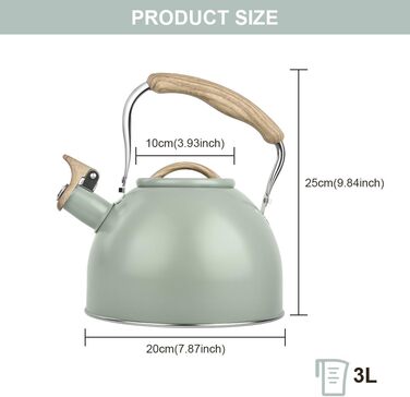 Чайник-заварник Flintronic з нержавіючої сталі, 3л, з дерев'яною ручкою, для всіх плит, чайник-заварник для чаю та кави (зелений)