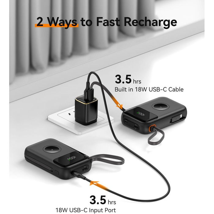 Power Bank Kuulaa для Apple Watch 10000mAh з LCD-дисплеєм та двома кабелями, 22.5W PD, сумісний з iPhone, iPad, Apple Watch 10/9/8/Ultra2/Ultra/SE