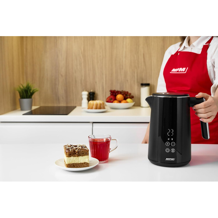 Електричний чайник MPM MCZ-120, 1.5L, з подвійними стінками, регулювання температури 40–100°C, нержавіюча сталь, 2200W, тихий, швидкий, сенсорне управління, легкий, елегантний, білий (чорний)