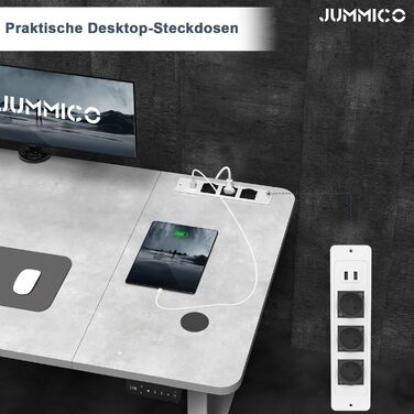 Електричний регульований стіл JUMMICO 140x70 см з бездротовою зарядкою, USB та євро-розеткою, сірої кольору – письмовий стіл для роботи стоячи та сидячи