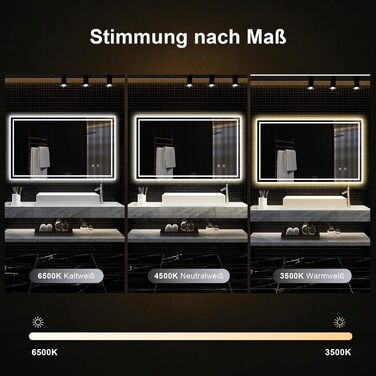 Дзеркало для ванної кімнати зі підсвічуванням 70x50 см, сенсорне керування, протизапітніння, 3 кольори світла, регулювання яскравості