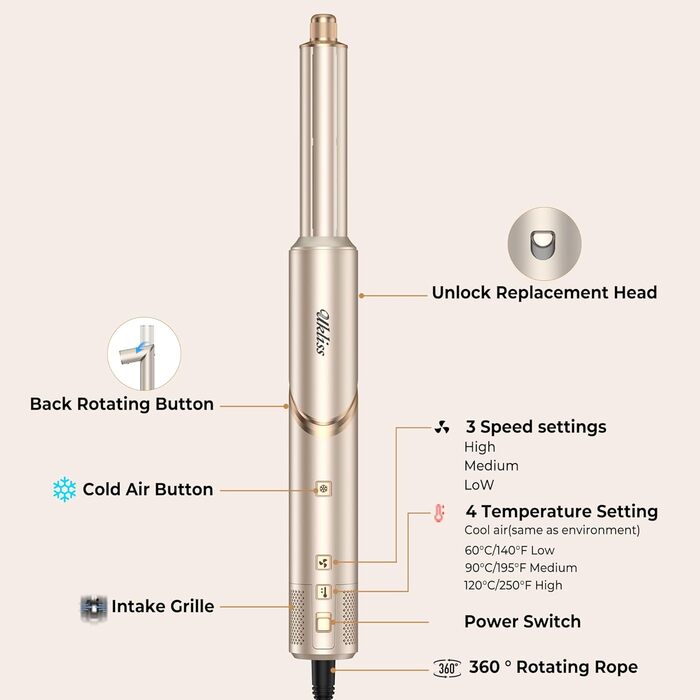 UKLISS Hairstyler 8 в 1: Професійний стайлер для волосся з авто-завивкою, іонізацією та функцією фена, підходить для всіх типів волосся, золотий