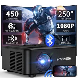 Проектор SCREENMAX для дому та вулиці, 1080P, WiFi 6, Bluetooth 5.3, 50% Zoom, HDMI/AV/Laptop/iPhone, Чорний