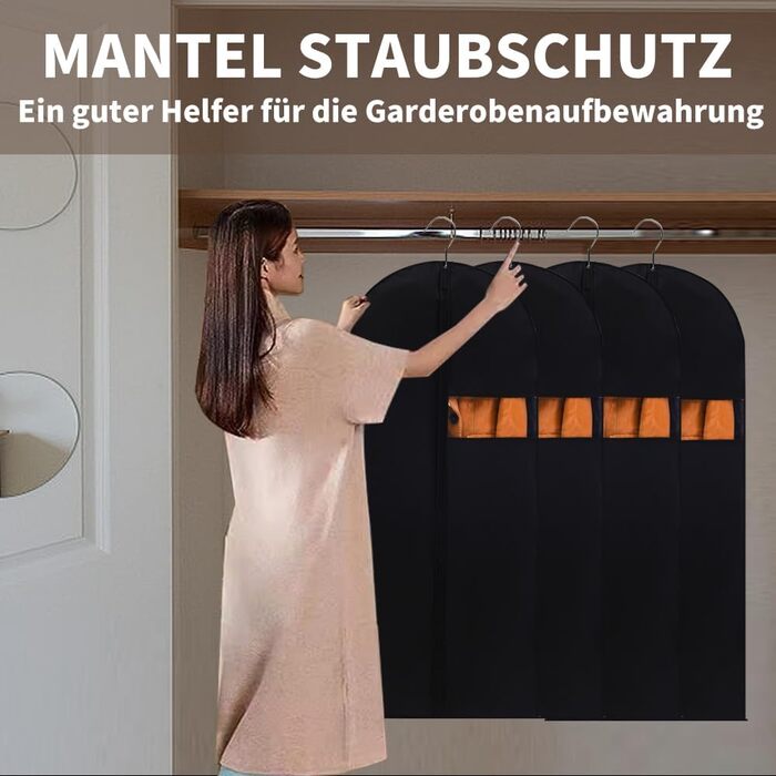 Чохли для одягу 4 шт. Чорні, 60 x 120 см, для зберігання та подорожей, з блискавкою, захист від пилу та молі