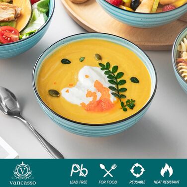 Набір керамічних мисок Vancasso Bonbon (6 шт., 840 мл) – для супу, салату, пасти, мюслі. Керамічні миски для кухні, дому та ресторану, блакитні