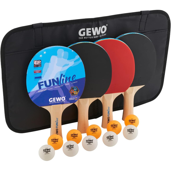 Набір для настільного тенісу GEWO Fun: одиночні та комплекти (1-4 ракетки, м'ячі, сумка, сітка) – для початківців, хобі та розваг. Поверхня з пористою структурою, конкавний хват. 2 ракетки + 3 м'ячі + сітка (4 ракетки + 10 м'ячів + сумка)