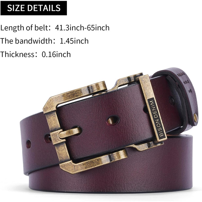 Чоловічий шкіряний ремінь BISON DENIM з класичною пряжкою, міцний, для джинсів, довжина 115 см, підходить для талії 36'-39'