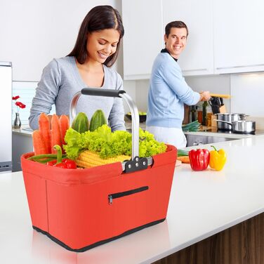 Складаний кошик для покупок 25L з м'якими ручками та кишенею на блискавці, червоний