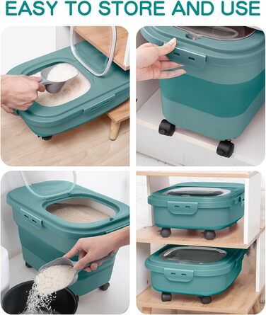 Контейнер для зберігання рису, складний, на колесах, з герметичним кришкою, мірний стакан та лопатка, для продуктів, рису, кормів для тварин, борошна, темно-зелений, 9-13,6 кг