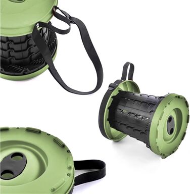 Стілець-телескоп складний Fishtec, регульована висота 6-44,5 см, ABS-пластик, вантажопідйомність 130 кг, портативний 1,28 кг, Ø25,5 см, з плечовим ременем, для кемпінгу, риболовлі, пікніка, чорно-зелений