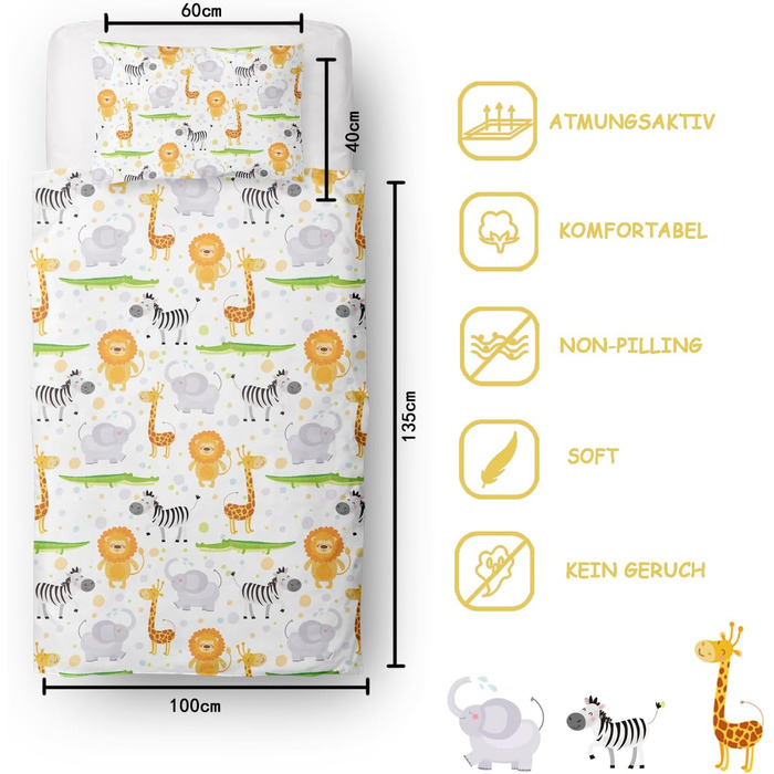 Дитяча постільна білизна DJDEA 100x135 - Комплект з динозаврами для хлопчиків, м'яка мікрофібра з блискавкою, 2 частини, для немовлят 100x135 см з наволочкою 40x60 (100x135 см + 40x60 см, З тваринами)