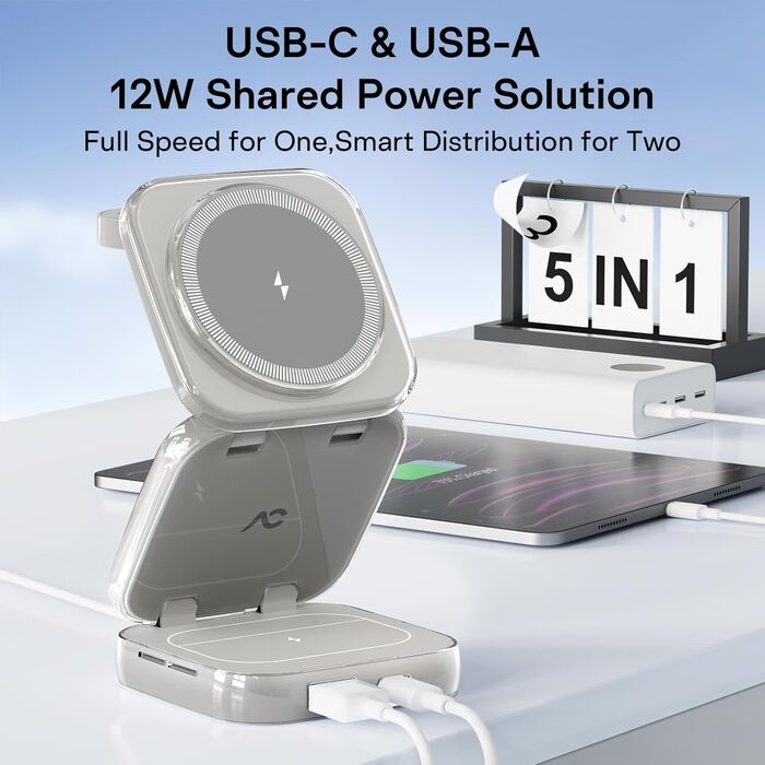 Зарядна станція 5 в 1 для iPhone з магнітним кабелем, складний зарядний пристрій для подорожей, сумісний з iPhone 17/16/15/14/13/12, AirPods Pro 3, Apple Watch S11/Ultra (Titan Wüstensand) 2026-Titan Grau