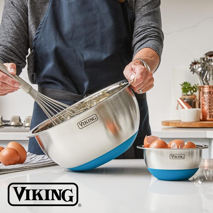 Набір місок Viking, 10 шт., з нержавіючої сталі, для кухні, приготування їжі, силіконове дно, кришки, миється в посудомийній машині, блакитний