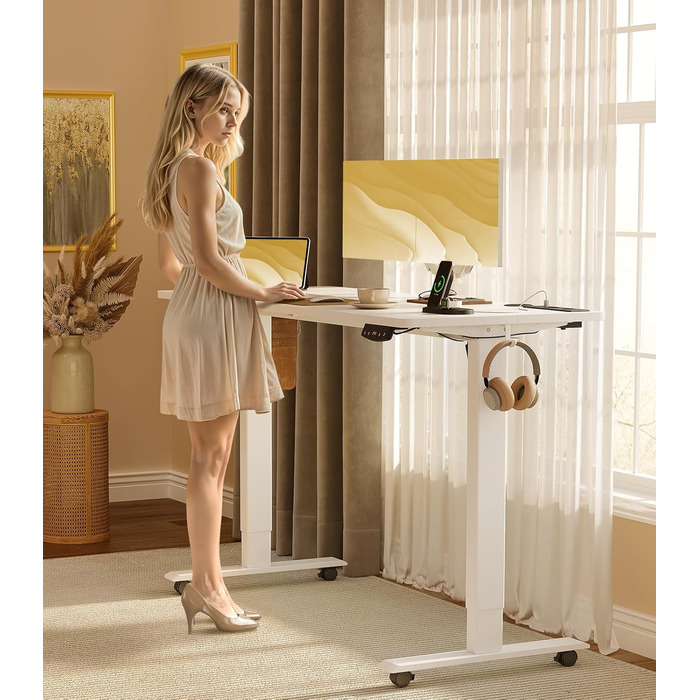 OffiGo Electric Standing Desk with USB Ports - Adjustable Height Desk, Memory Function, 160cm Width, White - Office & Home Desk