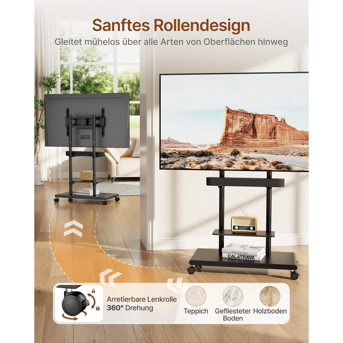 Підставка для телевізора на колесах з кріпленням для саундбару, 50-90 дюймів, до 70 кг, регульована висота та нахил, MAX VESA 600x400 мм