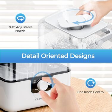 Зволожувач повітря CHIVALZ для великих приміщень, 6л з нічним світлом, поворотна 360° форсунка, 26дБ, 50год, аромадифузор для спальні, дитячої кімнати, рослин, дитини, білий, 1 шт + 2 виходи для пари