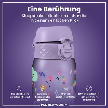 ion8 Insulated Stainless Steel Drinking Bottle 320 ml Leak-Proof One-Hand Opening Secure Locking Dishwasher-Safe Flip-Top Lid Carrying Handle Easy to Clean, Durable, Unicorn (Evo, Recyclon, Violet)