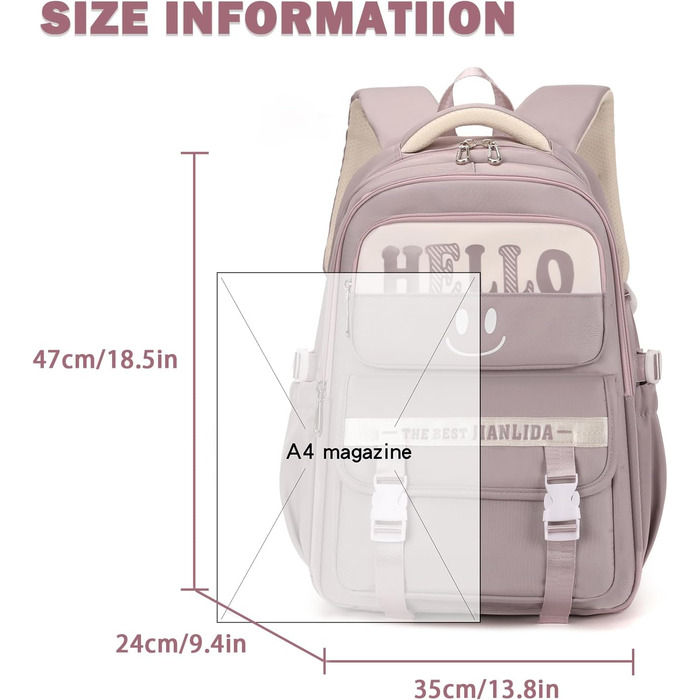 Шкільний рюкзак для дівчаток та хлопчиків-підлітків. Водостійкий рюкзак для школи, подорожей. Рожевий, з багатьма кишенями.
