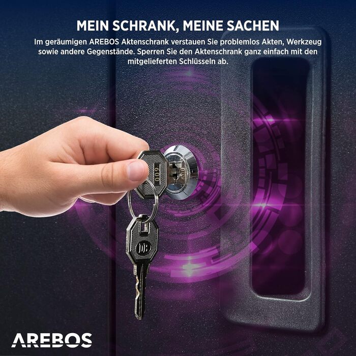 Металевий офісний шафа Arebos, чорний, 90x90x40 см, регульовані полиці, на колесах