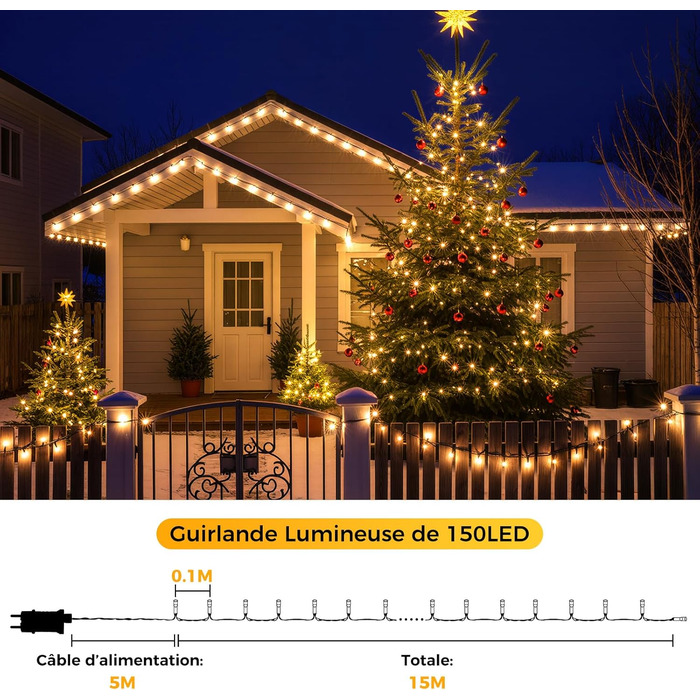LED гірлянда для прикраси ялинки та декору на балкон/сад: 15м + 5м, 150 LED, тепле біле світло, таймер, пульт, 8 режимів