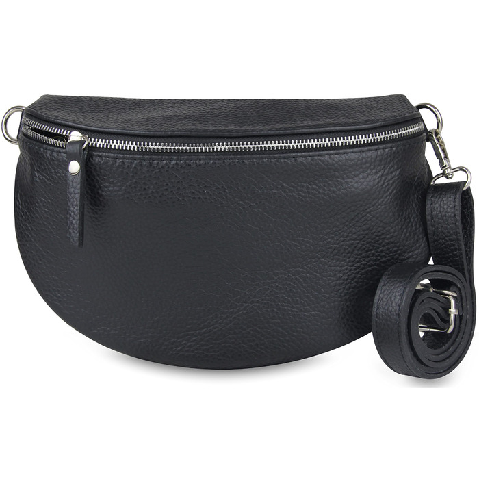 Сумка поясна жіноча Frentree® зі шкіри, Італія, крос-боді, чорна, срібна фурнітура, велика (MAXI)