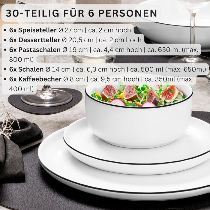 SÄNGER Marlo Black Rim: 30-ти елементний сервіз для 6 осіб (посуд) | PREMIUM COLLECTION