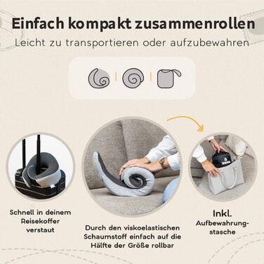 Подушка для шиї TRAVARA - Memory Foam - для подорожей літаком та автомобілем. Сіра подушка-воротник для комфортних тривалих поїздок.