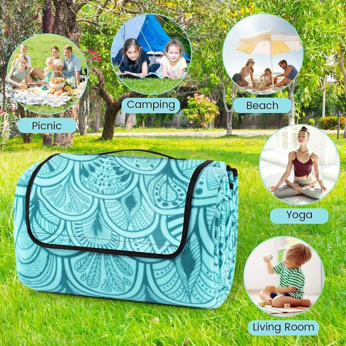 Пікнікова ковдра SOMLAW 200x200 см, водовідштовхувальна, для 4-6 осіб, XXL, з ручкою, ідеальна для кемпінгу та пікніків (блакитна)