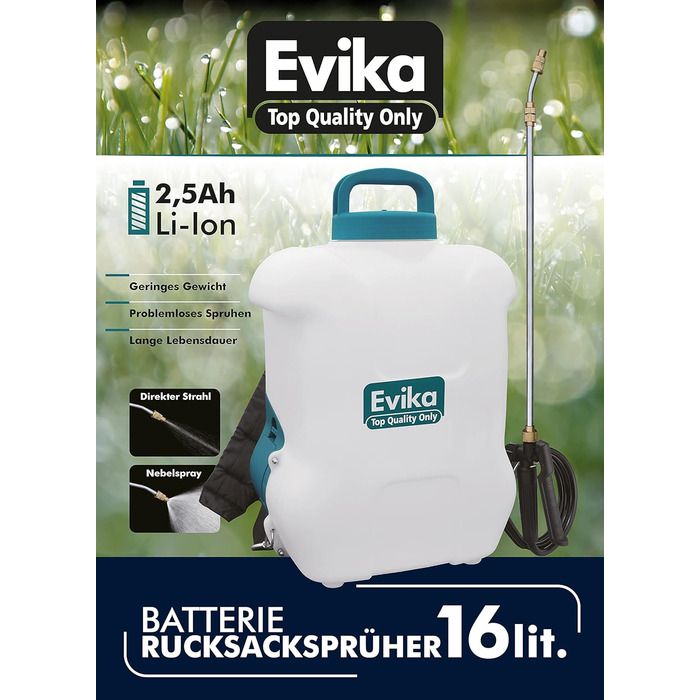 Акумуляторний обприскувач EVIKA 16 л для саду, виноградників і газону, ранцевий, з телескопічною штангою 110 см, електричний садовий розпилювач для гербіцидів і добрив