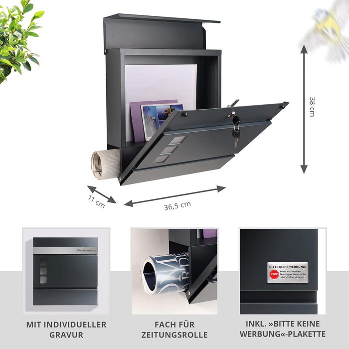 Поштовий ящик Forgard Helsingborg антрацит з газетницею, персоналізований, з нержавіючої сталі з іменем родини, комплект для монтажу (RAL 7016)