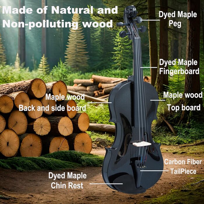 Скрипка Crafteem 1/4 для початківців, дітей та дорослих, чорна, ручне виготовлення, з 5 кольоровими гриф-стрічками