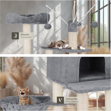 Тектейк® XXL Дерево для котів велике, з аксесуарами: лежанки, гамак, будиночок, іграшки, мотузка з сизалю, стійка для дряпання, висота 165 см, сірий | 402931