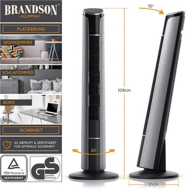 Вентилятор підлоговий Brandson Titan 108cm з пультом керування, нахил 10°, 4 режими, 3 швидкості, сталевий колір