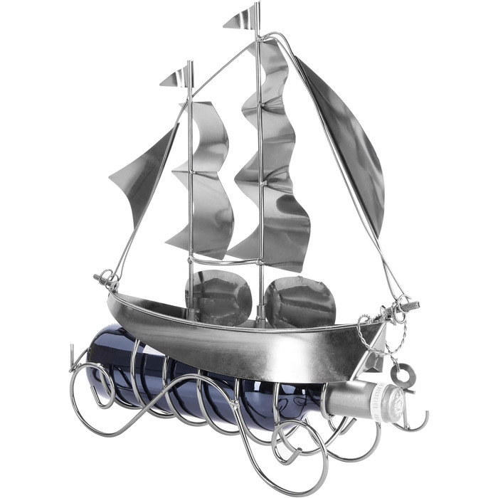 BRUBAKER Wine Bottle Holder Sailing Ship - Bottle Stand Sculpture made of Metal with Gift Card - Silver Wine Gift, Height 39 cm