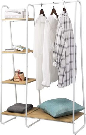 Coat rack, stable wardrobe, clothes rail with 5 shelves, 6 coat hooks, black metal coat rack, free-standing coat stand (white + oak, classic)