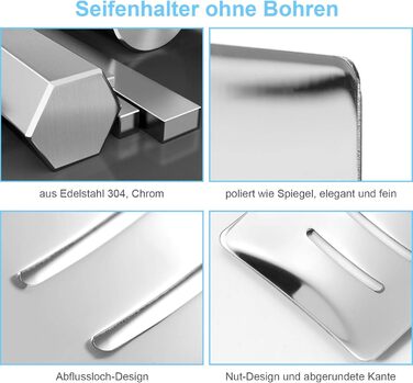 Тримач для мила без свердління, нержавіюча сталь, самоклеючий, корзина для мила, мильниця настінна для губок, щіток, мила, мильниця на стіну з 3M клейкою подушечкою для ванної кімнати, кухні, балкону, сріблястого кольору