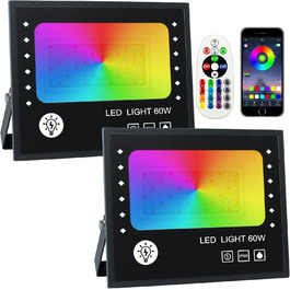 RGB LED прожектор 2 шт. 100Вт, вуличний Bluetooth світильник, IP66 водонепроникний, підсвітка для балконів, саду, декору, 60Вт (2 одиниці)
