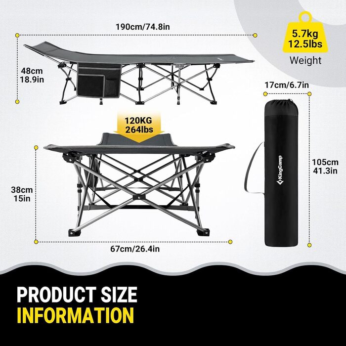 Розкладне ліжко для кемпінгу KingCamp - легке, портативне, з кишенею, 190x67 см, чорно-сірий годинниковий візерунок