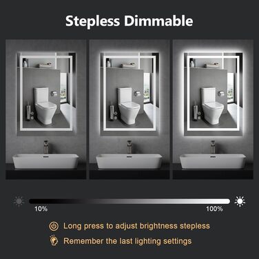 Дзеркало для ванної кімнати зі підсвічуванням 70x50 см, антизапар, сенсорне керування, 3 кольори світла, регулювання яскравості