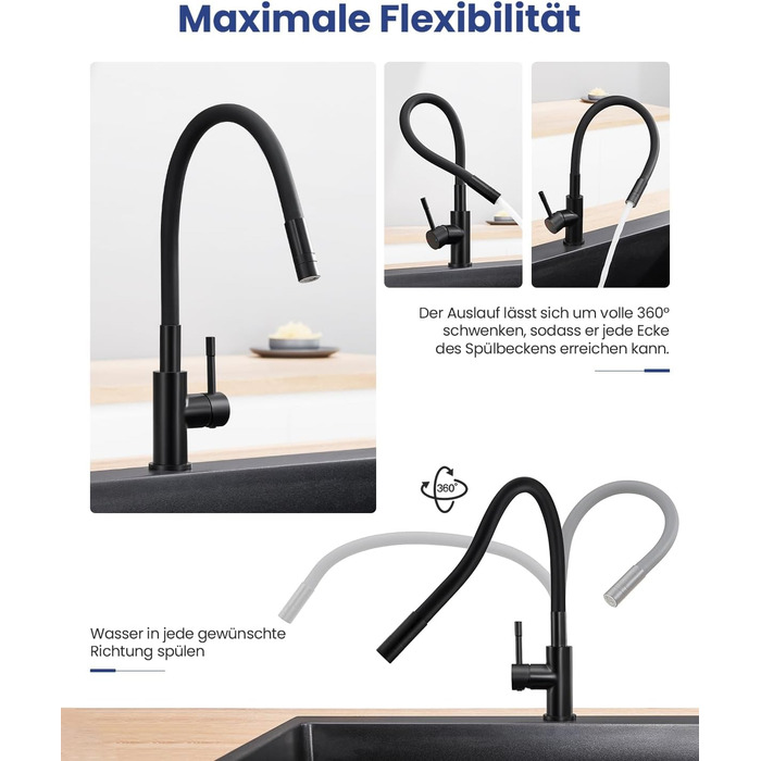 Змішувач для кухні гнучкий чорний, нержавіюча сталь, 2 режими струменя, 360° поворот, кухонний змішувач, преміум якість