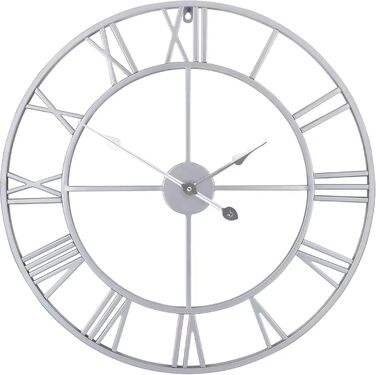 Samilito Large Wall Clock in Vintage Style, Round, Silent. Free with it: ONE extra set of black clock hands. Metal clock for Loft, Living Room, Bedroom and Kitchen decoration (60 cm, Silver)