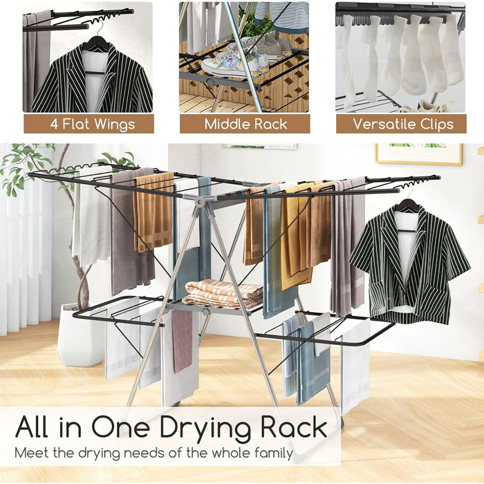 Стійка для сушіння білизни HOMASIS, розкладна, з 2 крилами, регульована, 6 рівнів, з вішалкою для білизни, прищіпками та полицею для взуття, для балкону (Білий/Чорний)