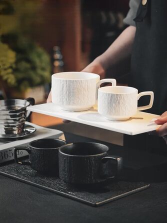 Набір з 4 чашки для еспресо Saumo з підставками, кераміка, 100 мл, чорний колір, сучасний дизайн. Ідеально для еспресо та кавових напоїв вдома, в офісі та на особливих заходах.