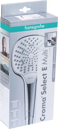 Hansgrohe Croma Select E - water-saving showerhead 9 l/min (EcoSmart), hand shower with 3 spray patterns, square shower head (110 x 110 mm), water-saving showerhead with anti-limescale function, White/Chrome (3 spray patterns (Multi))